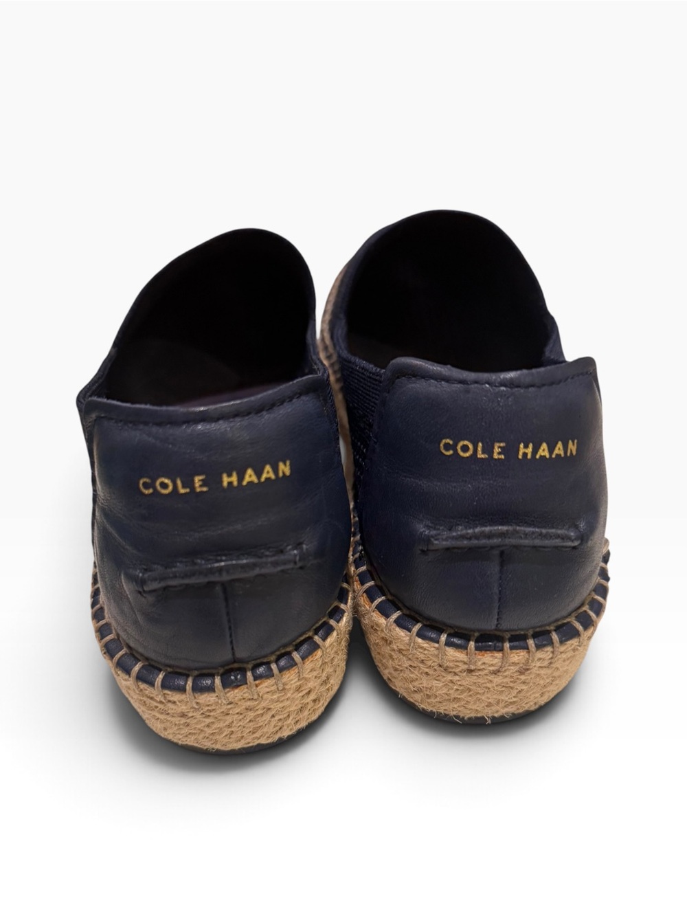 Cole Haan Pinch Blue Marine Leather & Knit Espadrille Slip-Ons w/ Jute Platform